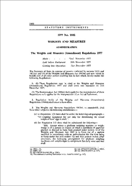 The Weights and Measures (Amendment) Regulations 1977