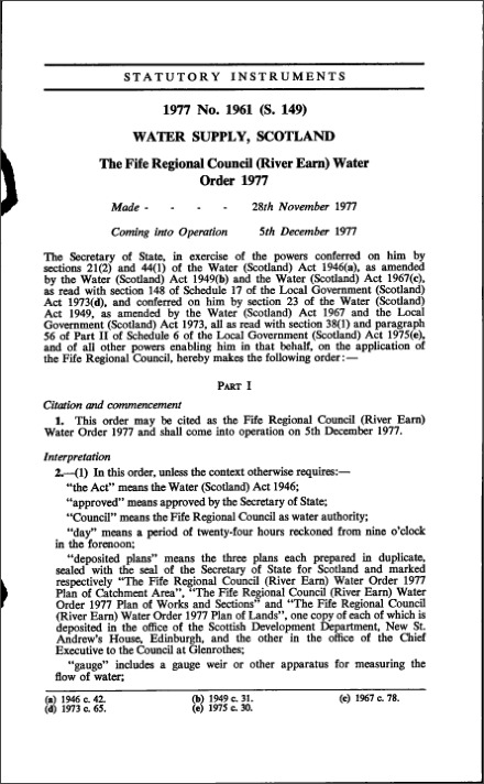 The Fife Regional Council (River Earn) Water Order 1977