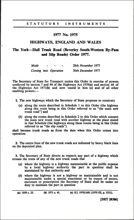 The York—Hull Trunk Road (Beverley South-Western By-Pass and Slip Roads) Order 1977