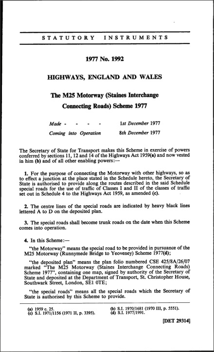 The M25 Motorway (Staines Interchange Connecting Roads) Scheme 1977