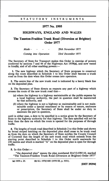 The Taunton-Fraddon Trunk Road (Diversion at Brighter) Order 1977