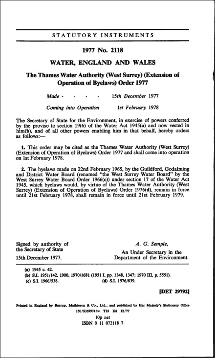The Thames Water Authority (West Surrey) (Extension of Operation of Byelaws) Order 1977