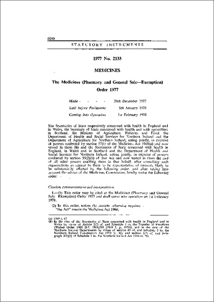 The Medicines (Pharmacy and General Sale—Exemption) Order 1977