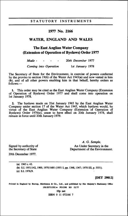 The East Anglian Water Company (Extension of Operation of Byelaws) Order 1977