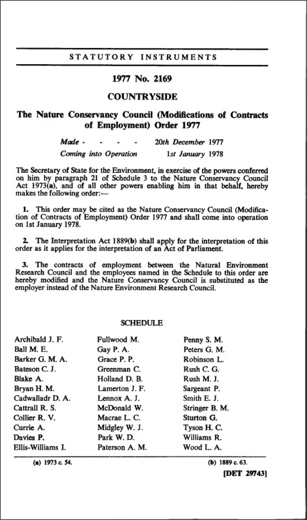 The Nature Conservancy Council (Modifications of Contracts of Employment) Order 1977