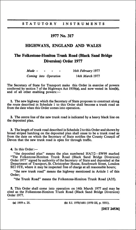 The Folkestone-Honiton Trunk Road (Black Sand Bridge Diversion) Order 1977