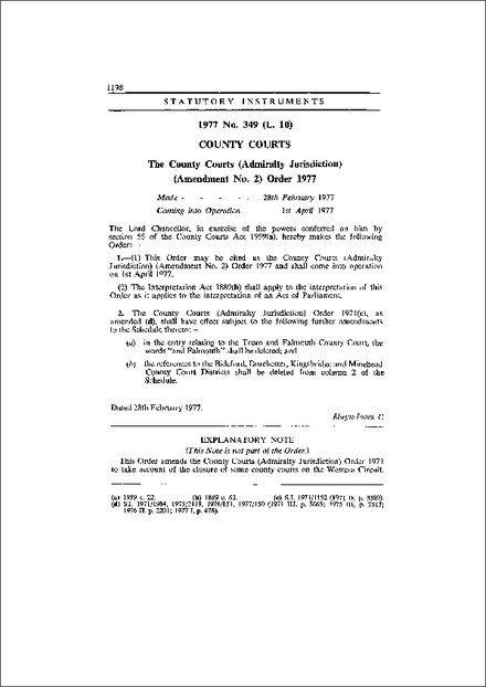 The County Courts (Admiralty Jurisdiction) (Amendment No. 2) Order 1977