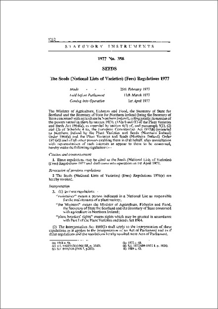 The Seeds (National Lists of Varieties) (Fees) Regulations 1977