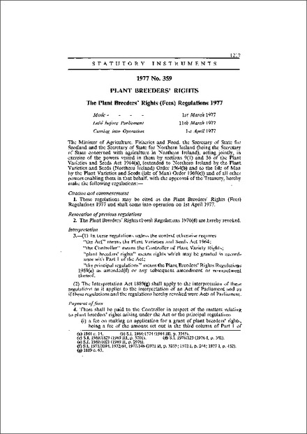 The Plant Breeders' Rights (Fees) Regulations 1977