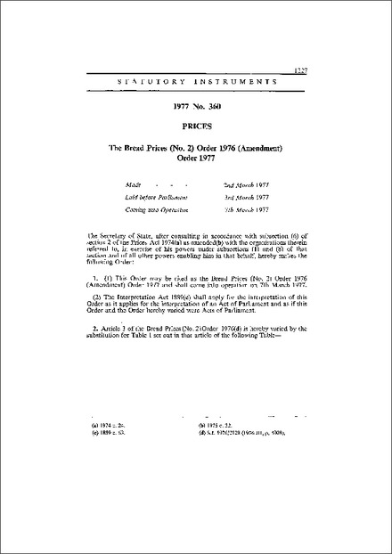 The Bread Prices (No. 2) Order 1976 (Amendment) Order 1977