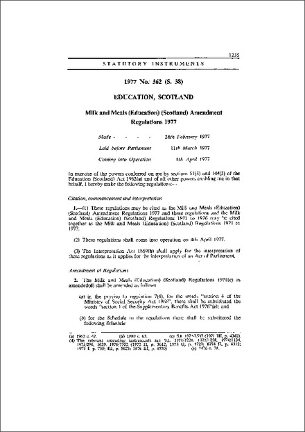 Milk and Meals (Education) (Scotland) Amendment Regulations 1977