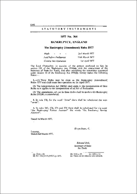 The Bankruptcy (Amendment) Rules 1977