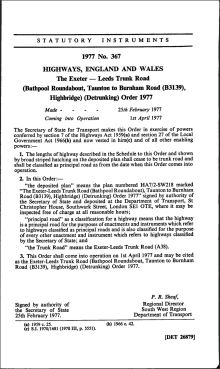 The Exeter—Leeds Trunk Road (Bathpool Roundabout, Taunton to Burnham Road (B3139), Highbridge) (Detrunking) Order 1977