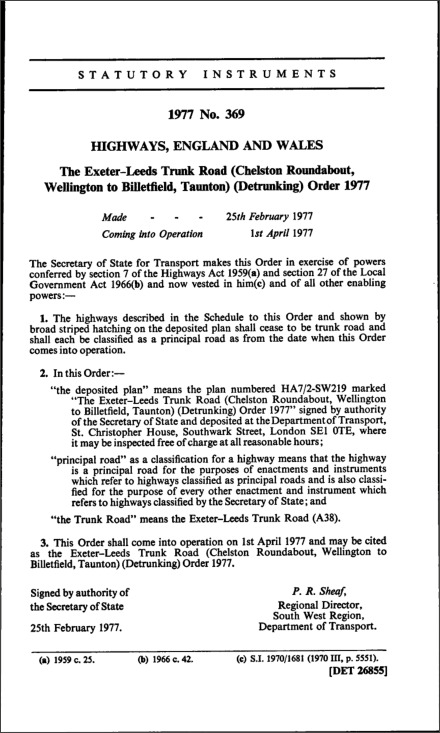 The Exeter-Leeds Trunk Road (Chelston Roundabout, Wellington to Billetfield, Taunton) (Detrunking) Order 1977