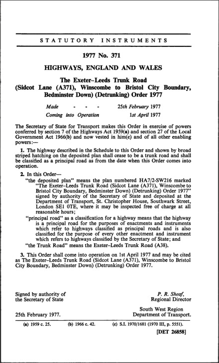 The Exeter—Leeds Trunk Road (Sidcot Lane (A371), Winscombe to Bristol City Boundary, Bedminster Down) (Detrunking) Order 1977