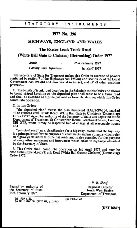 The Exeter-Leeds Trunk Road (White Ball Gate to Chelston) (Detrunking) Order 1977