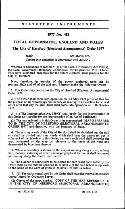 The City of Hereford (Electoral Arrangements) Order 1977