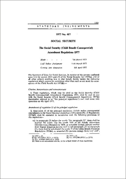 The Social Security (Child Benefit Consequential) Amendment Regulations 1977