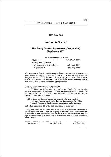 The Family Income Supplements (Computation) Regulations 1977