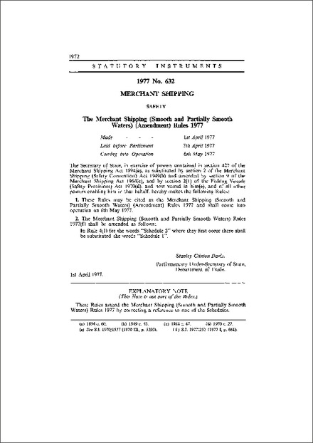 The Merchant Shipping (Smooth and Partially Smooth Waters) (Amendment) Rules 1977