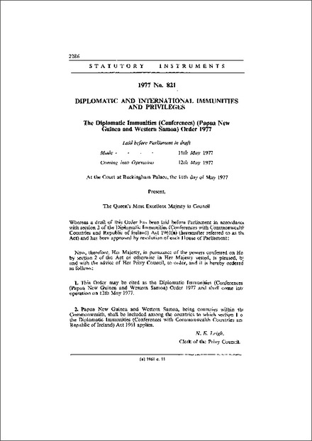 The Diplomatic Immunities (Conferences) (Papua New Guinea and Western Samoa) Order 1977