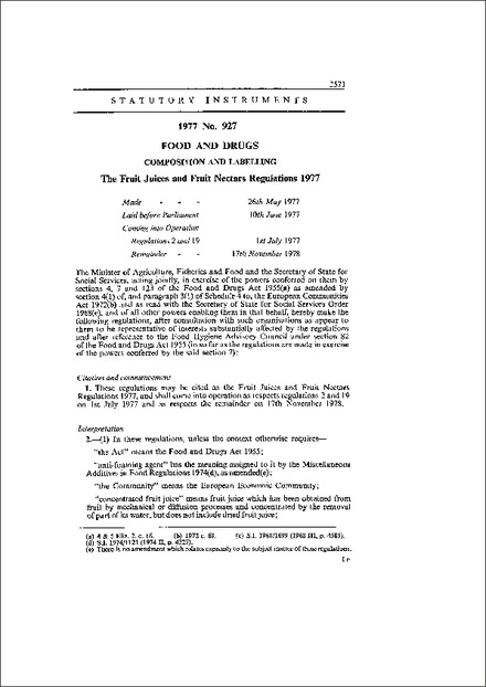 The Fruit Juices and Fruit Nectars Regulations 1977