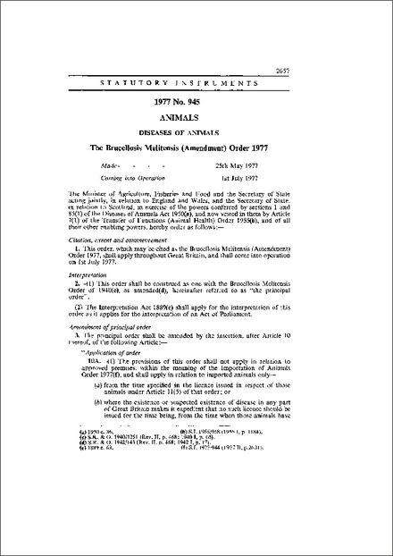 The Brucellosis Melitensis (Amendment) Order 1977