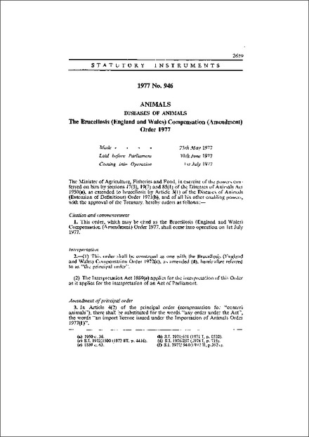 The Brucellosis (England and Wales) Compensation (Amendment) Order 1977