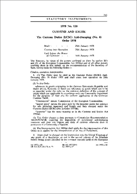 The Customs Duties (ECSC) Anti-Dumping (No. 8) Order 1978