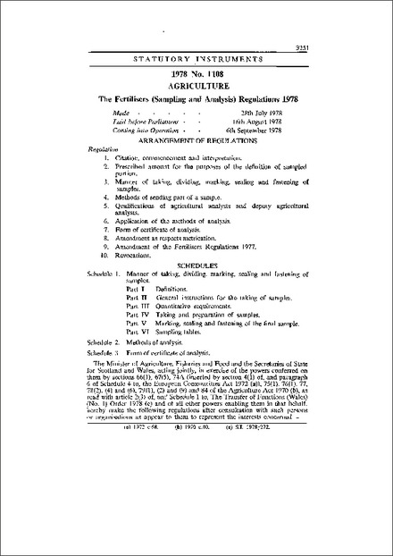 The Fertilisers (Sampling and Analysis) Regulations 1978