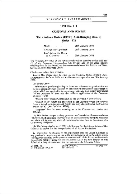 The Customs Duties (ECSC) Anti-Dumping (No. 9) Order 1978