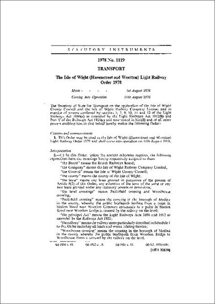 The Isle of Wight (Havenstreet and Wootton) Light Railway Order 1978