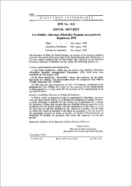 The Mobility Allowance (Motability Payment Arrangements) Regulations 1978