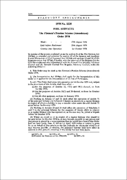 The Firemen's Pension Scheme (Amendment) Order 1978