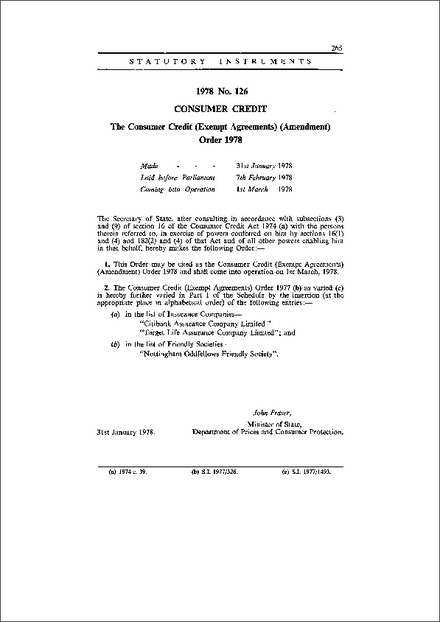 The Consumer Credit (Exempt Agreements) (Amendment) Order 1978