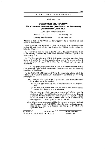 The Consumer Transactions (Restrictions on Statements) (Amendment) Order 1978