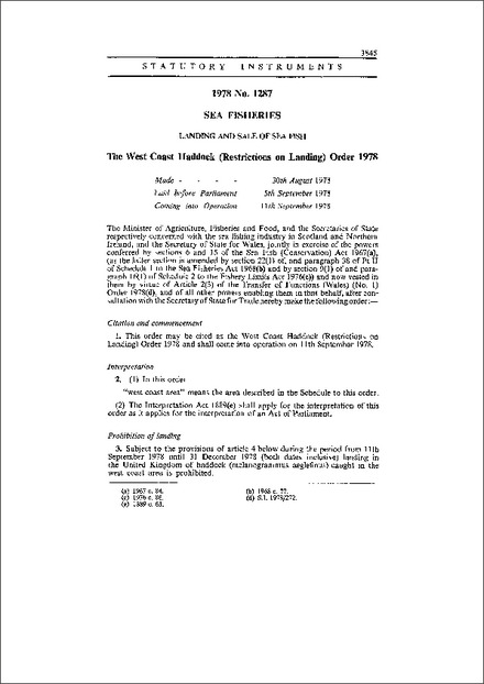 The West Coast Haddock (Restrictions on Landing) Order 1978