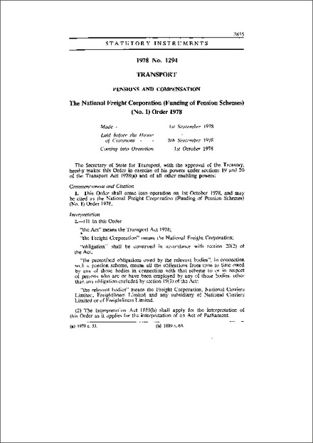 The National Freight Corporation (Funding of Pension Schemes) (No. 1) Order 1978