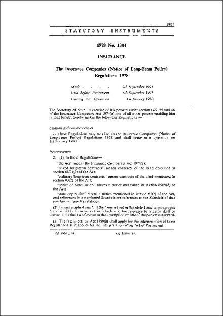 The Insurance Companies (Notice of Long-Term Policy) Regulations 1978
