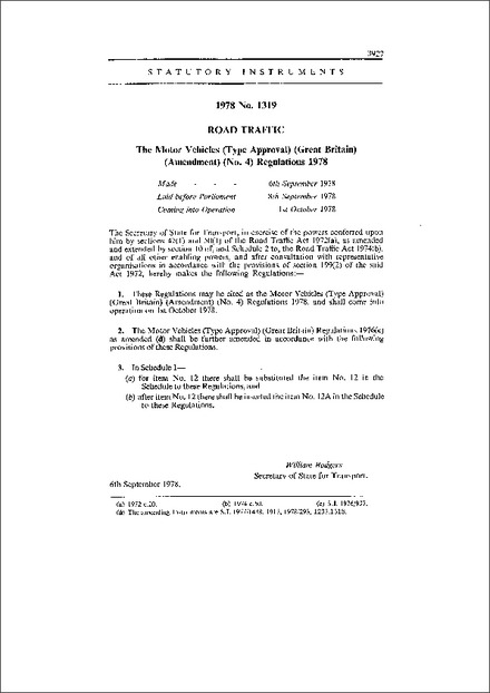 The Motor Vehicles (Type Approval) (Great Britain) (Amendment) (No. 4) Regulations 1978