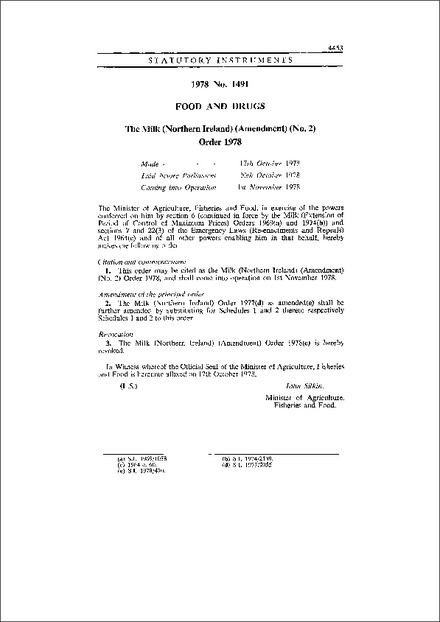 The Milk (Northern Ireland) (Amendment) (No. 2) Order 1978