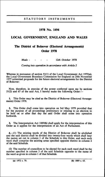 The District of Bolsover (Electoral Arrangements) Order 1978