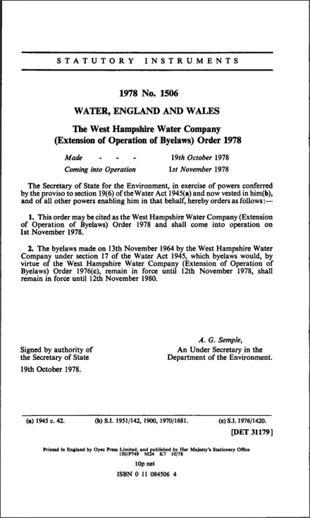 The West Hampshire Water Company (Extension of Operation of Byelaws) Order 1978