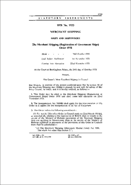 The Merchant Shipping (Registration of Government Ships) Order 1978