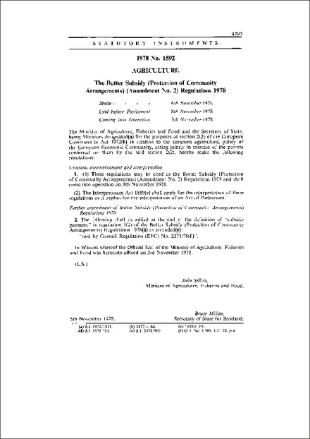 The Butter Subsidy (Protection of Community Arrangements) (Amendment No. 2) Regulations 1978