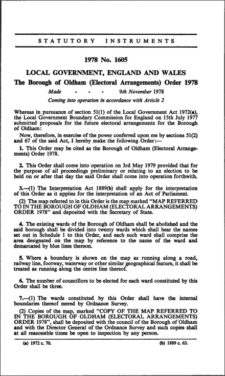 The Borough of Oldham (Electoral Arrangements) Order 1978