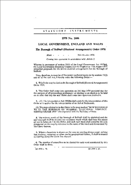 The Borough of Solihull (Electoral Arrangements) Order 1978