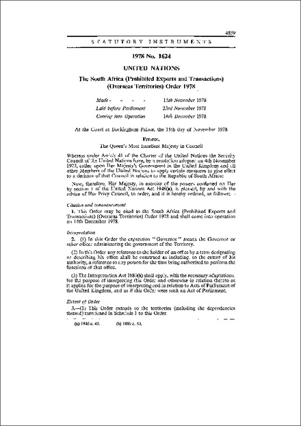 The South Africa (Prohibited Exports and Transactions) (Overseas Territories) Order 1978