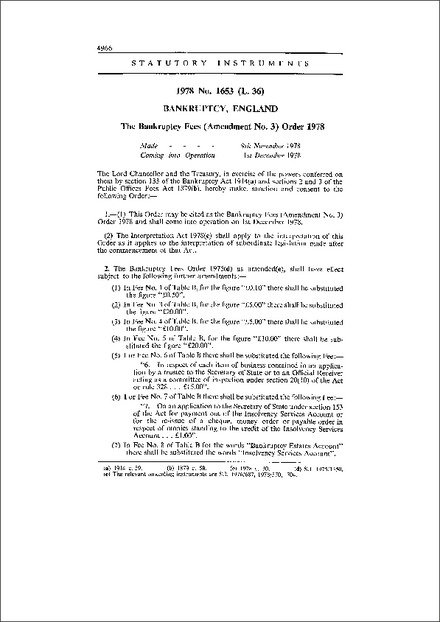 The Bankruptcy Fees (Amendment No. 3) Order 1978