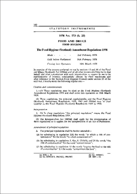 The Food Hygiene (Scotland) Amendment Regulations 1978
